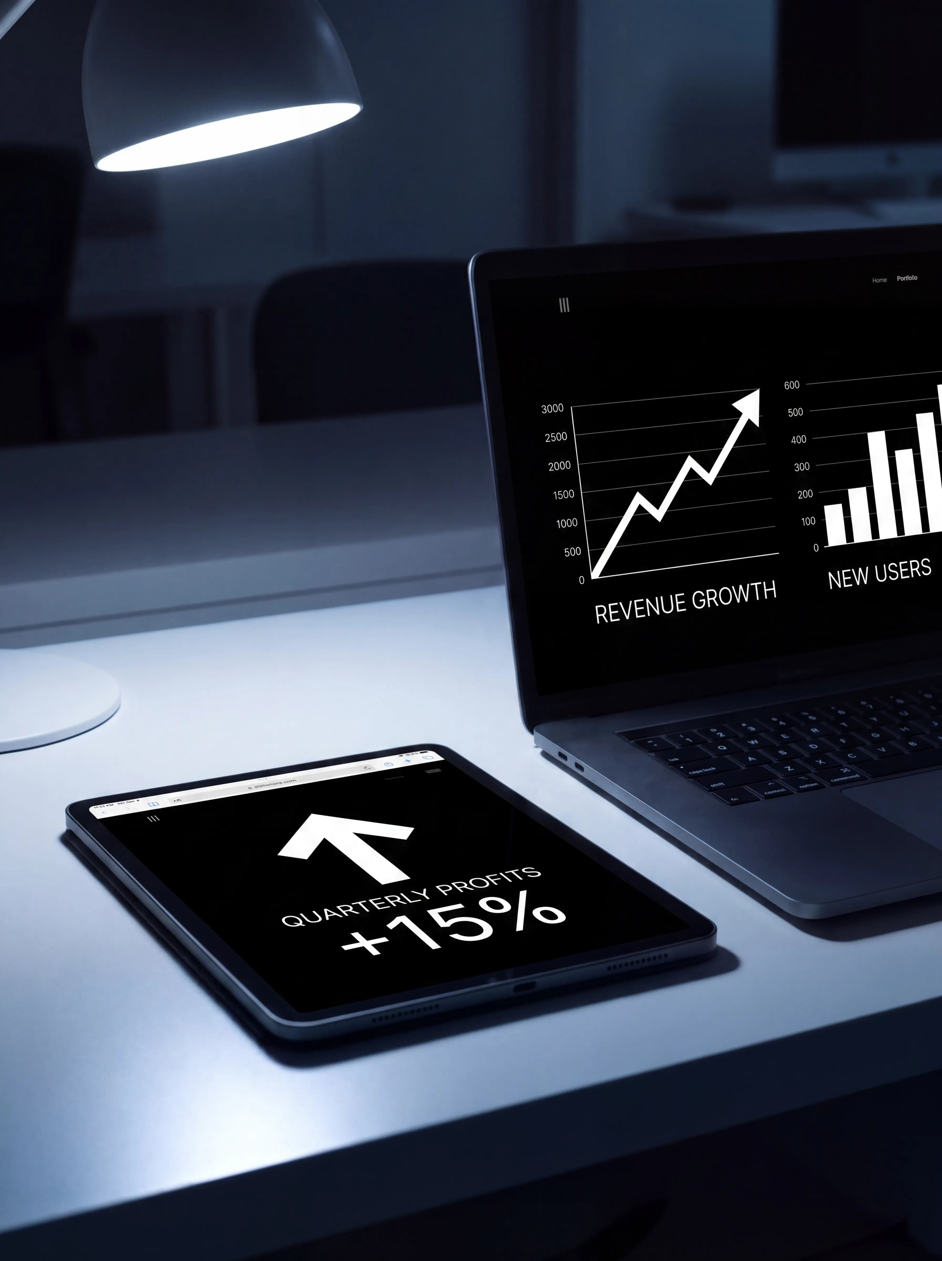Case study — dashboard showing revenue growth, new users, and quarterly profits